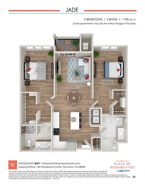 Floor plan for 2 beds, 2 baths, 1190 sqft